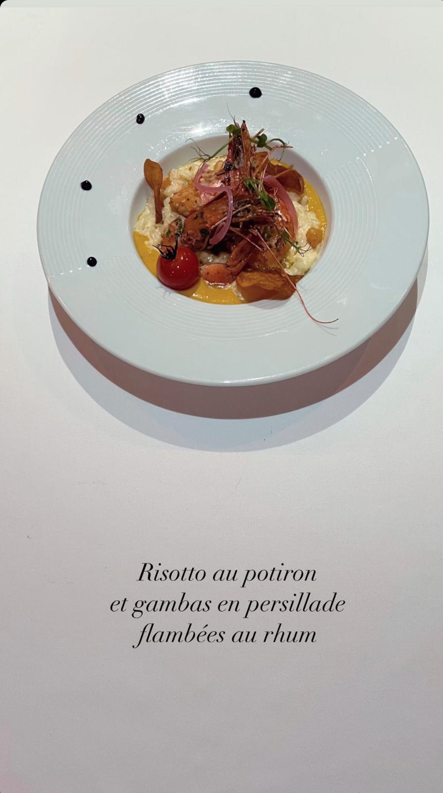 Pumpkin risotto with flambéed gambas